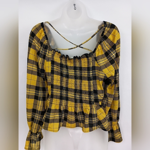 yellow Black peplum western Plaid Button-Up Top Preppy Patchwork fall blouse L - Picture 6 of 10